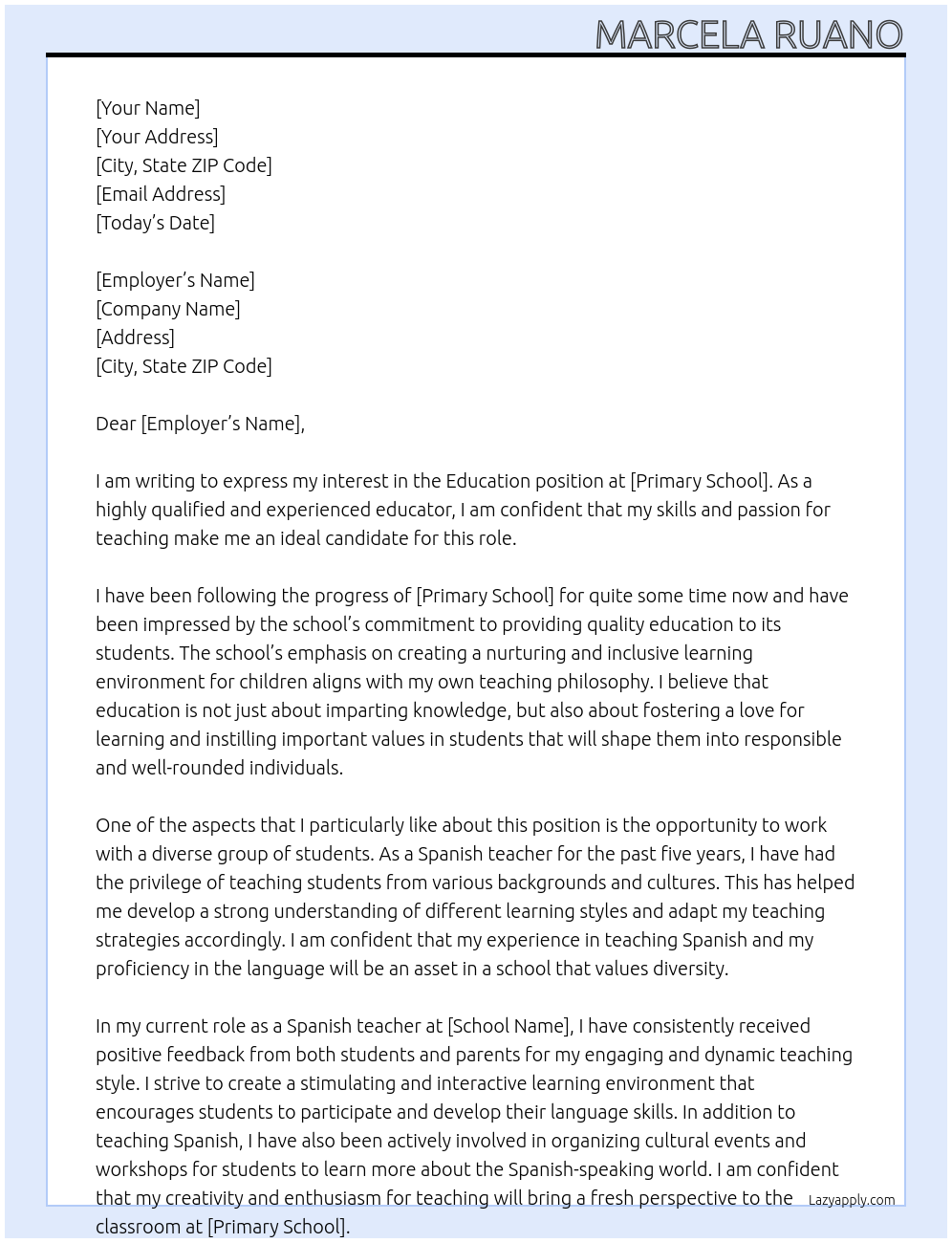 Education At Primary School Cover Letter