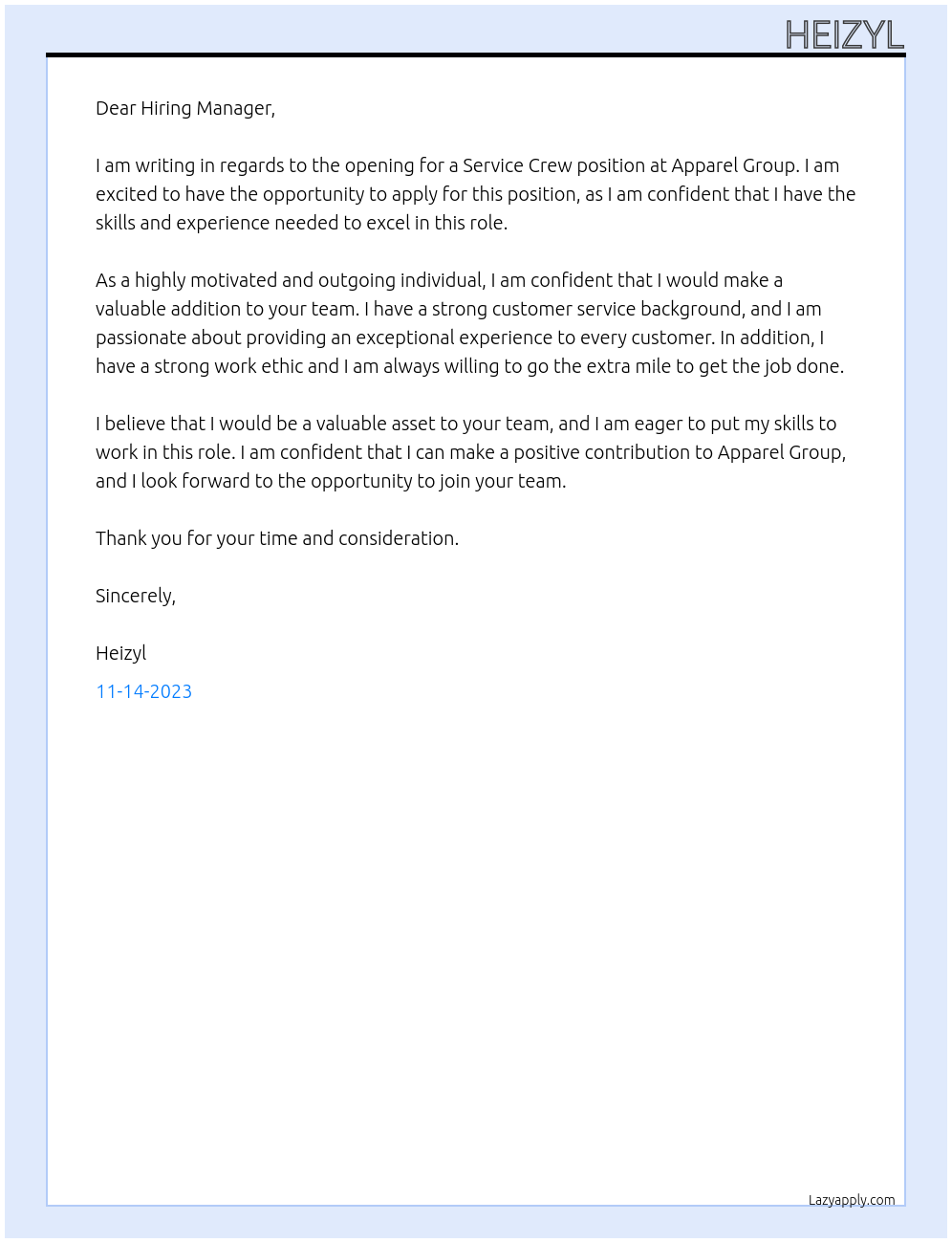 SERVICE CREW At APPAREL GROU Cover Letter