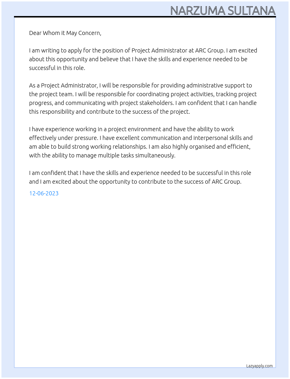 Project Administrator At ARC Group Cover Letter