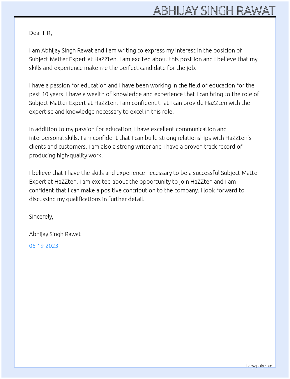Subject Matter Expert At HaZZten Cover Letter