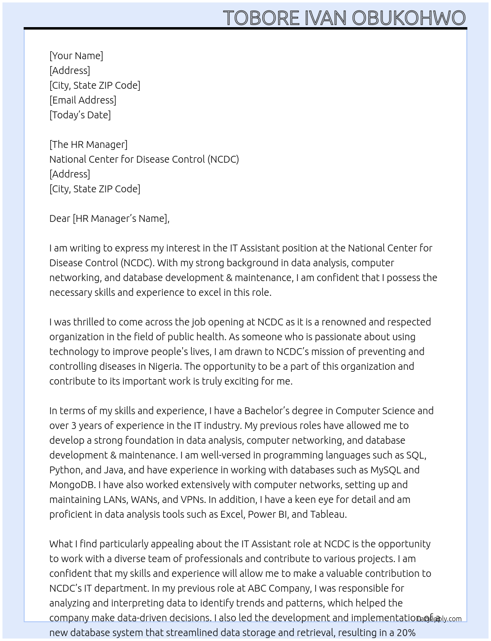 IT Assistant At National Center for Disease Control (NCDC) Cover Letter