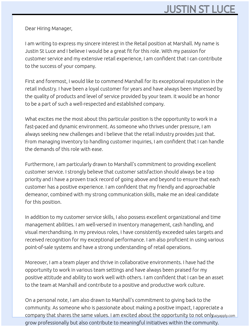 Retail At Marshall Cover Letter