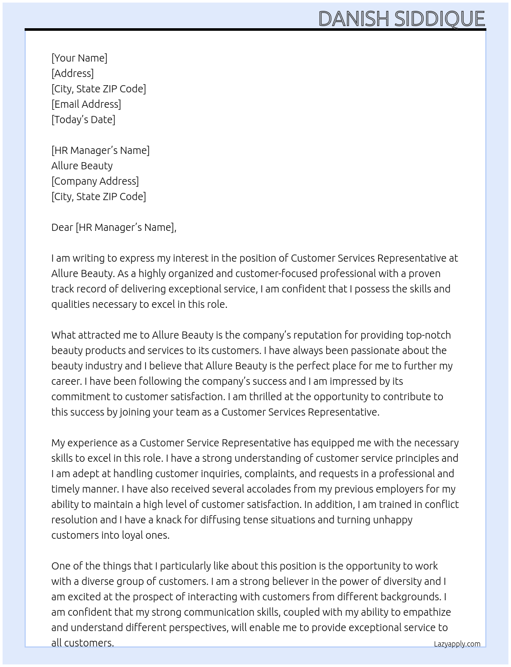 Customer Services Representative  At Allure Beauty  Cover Letter