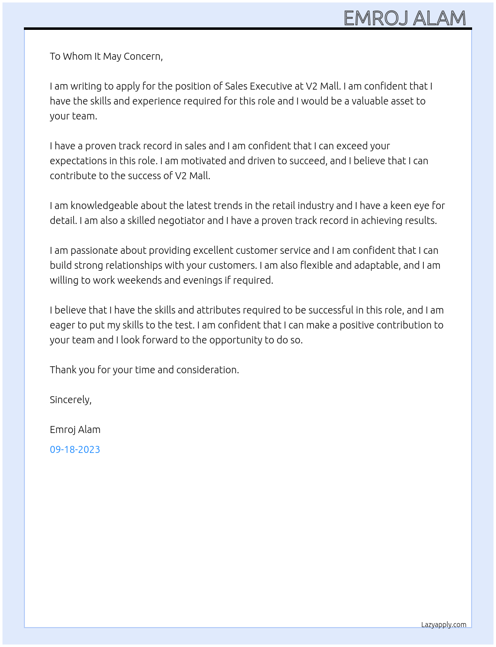 Sale Executive At V2 Mall Cover Letter