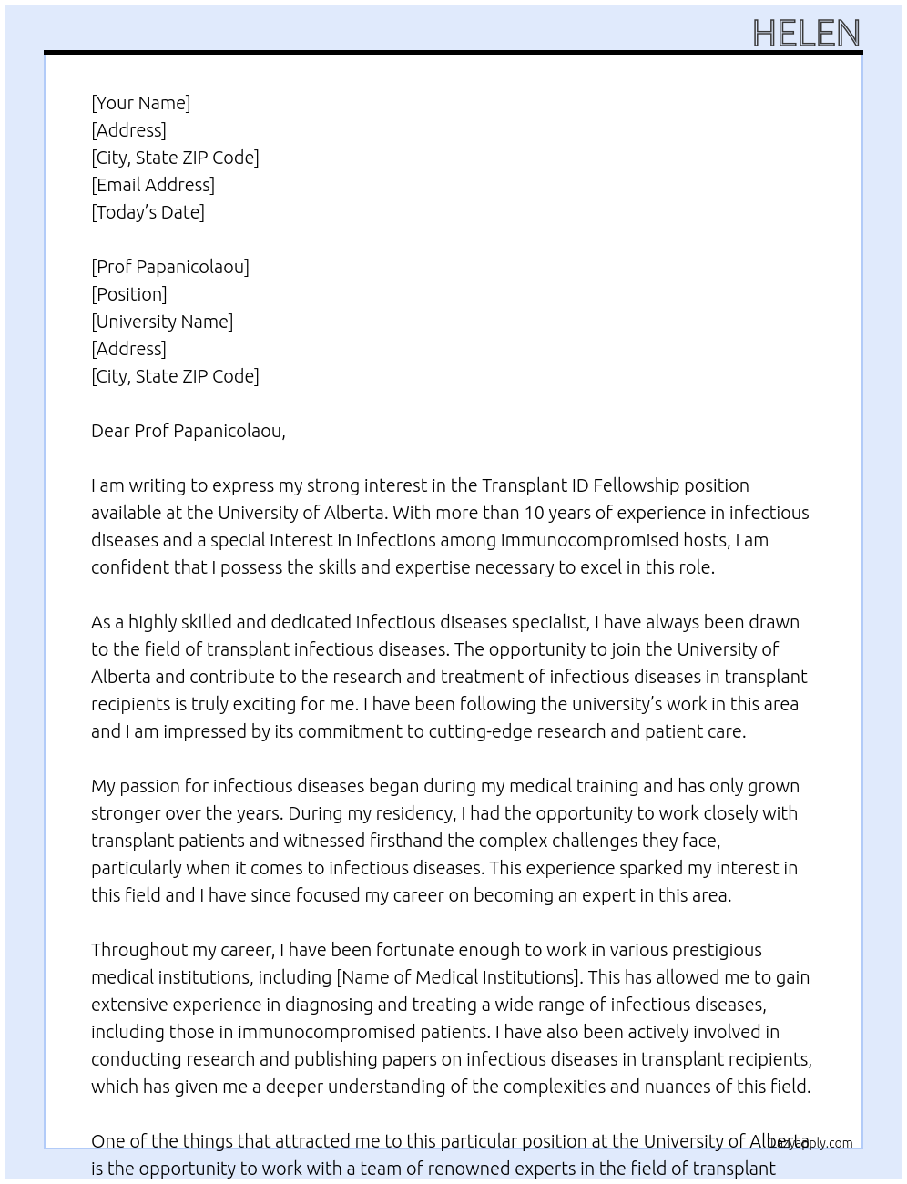 Transplant ID Fellowship At University of Alberta Cover Letter