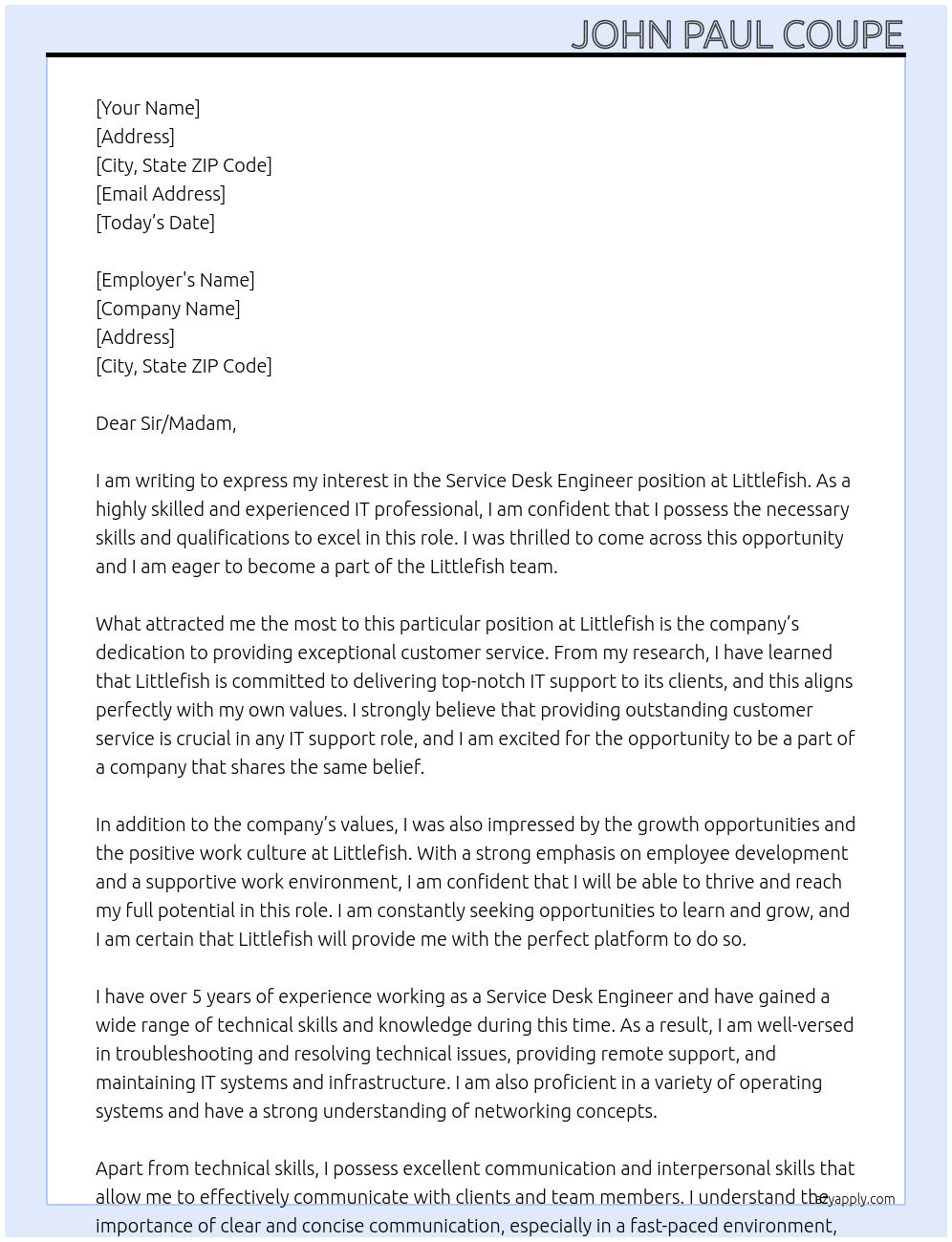 Service Desk Engineer At Littlefish Cover Letter