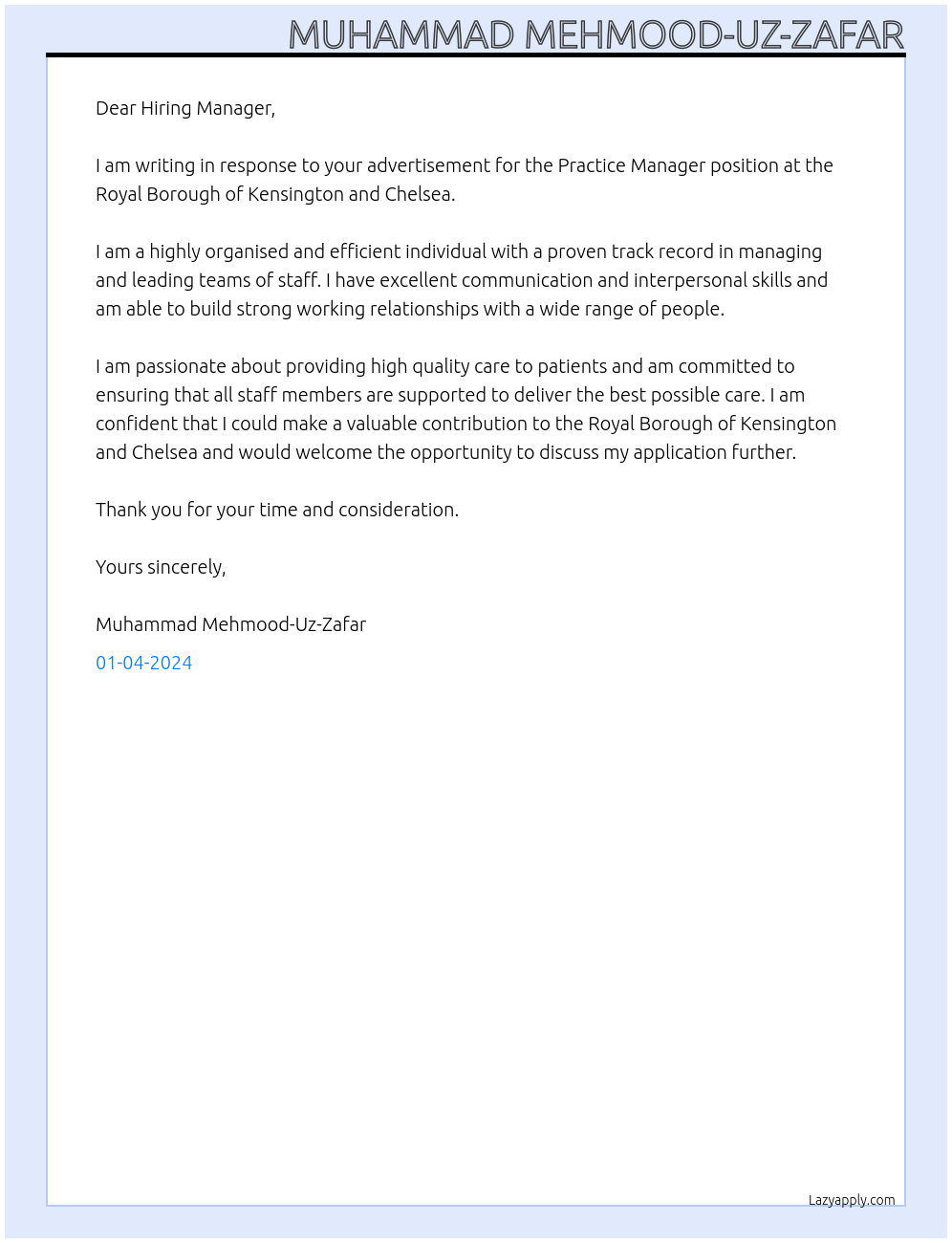 Practice Manager At Royal Borough of Kensington and Chelsea Cover Letter