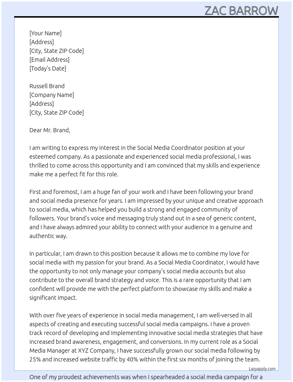 Social Media Coordinator At Russell Brand Cover Letter
