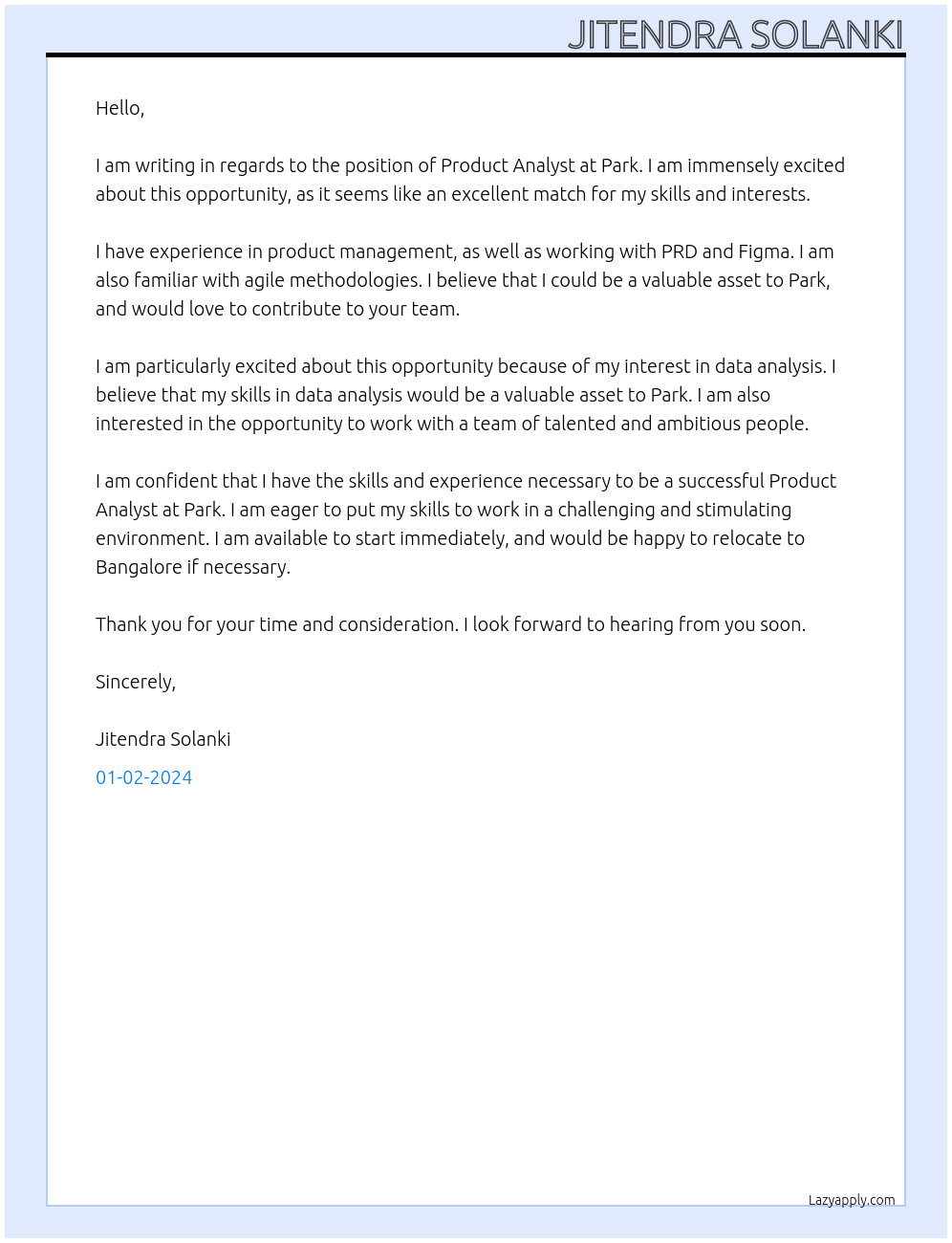 Product Analyst At park Cover Letter