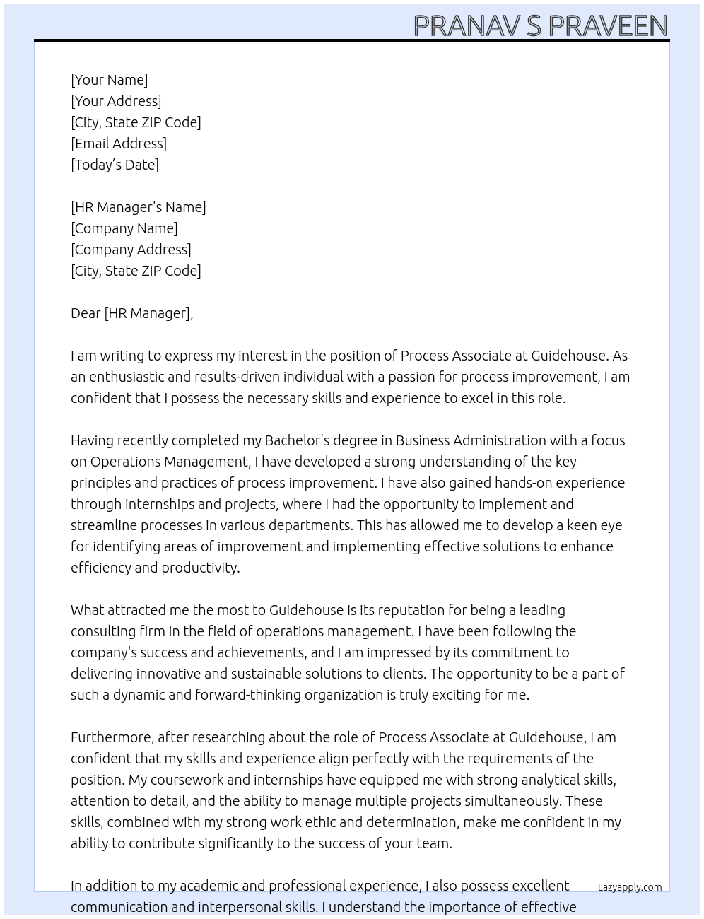 PROCESS ASSOCIATE At Guidehouse Cover Letter