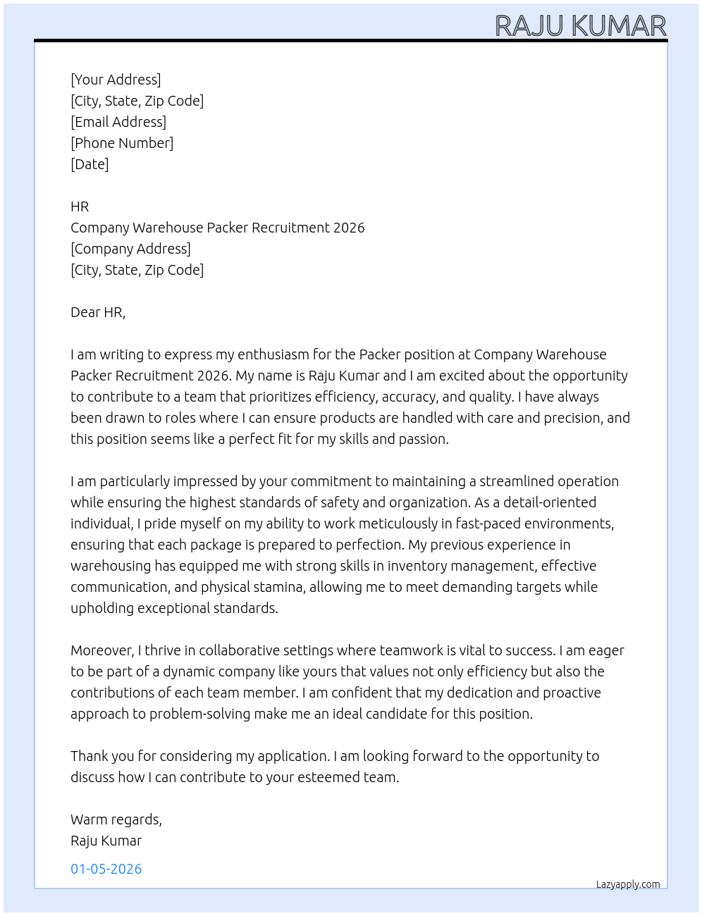 Packer At Company Warehouse Packer Recruitment 2026 Cover Letter