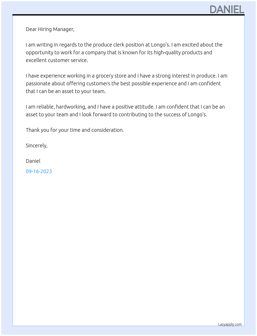 Produce Clerk At Longo's Cover Letter