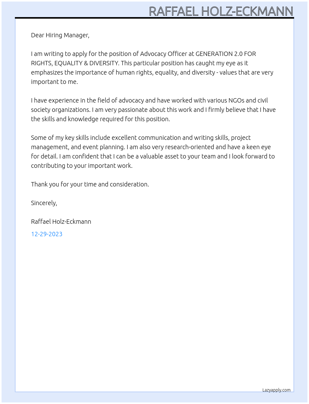 advocacy officer At GENERATION 2.0 FOR RIGHTS, EQUALITY & DIVERSITY Cover Letter