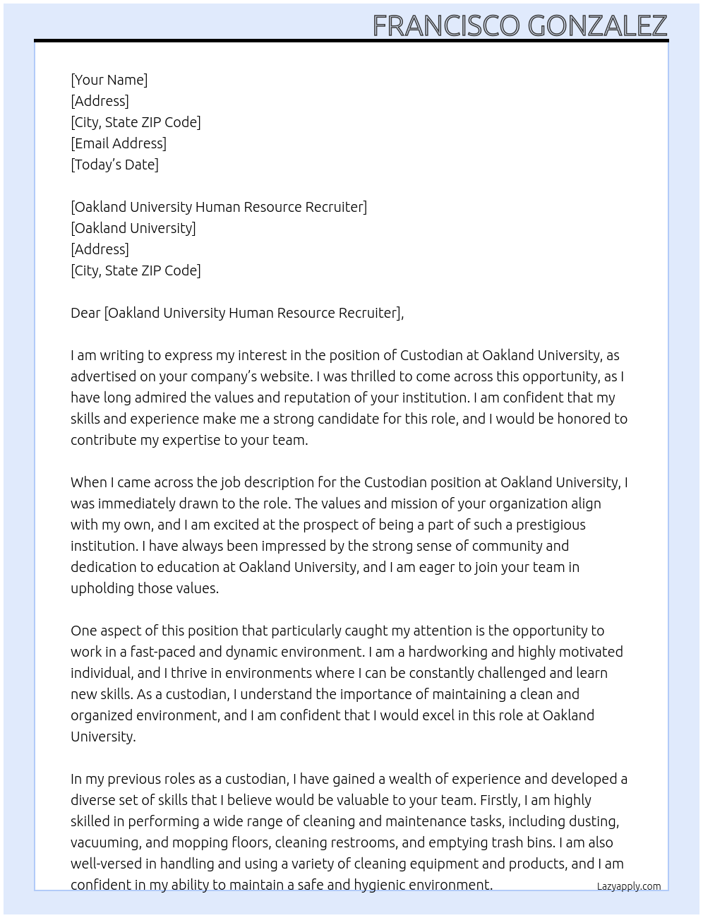 Custodian At Oakland University Cover Letter