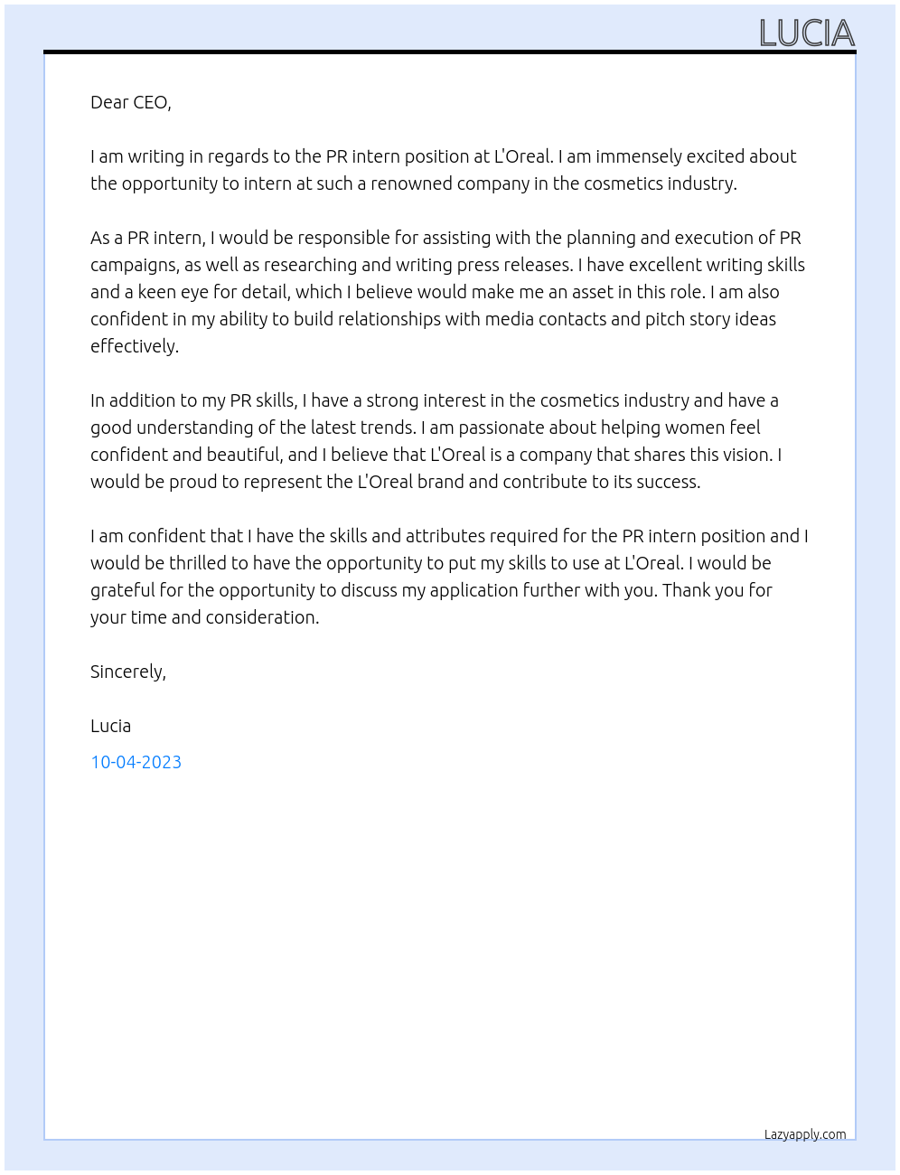 PR intern At L'Oreal Cover Letter