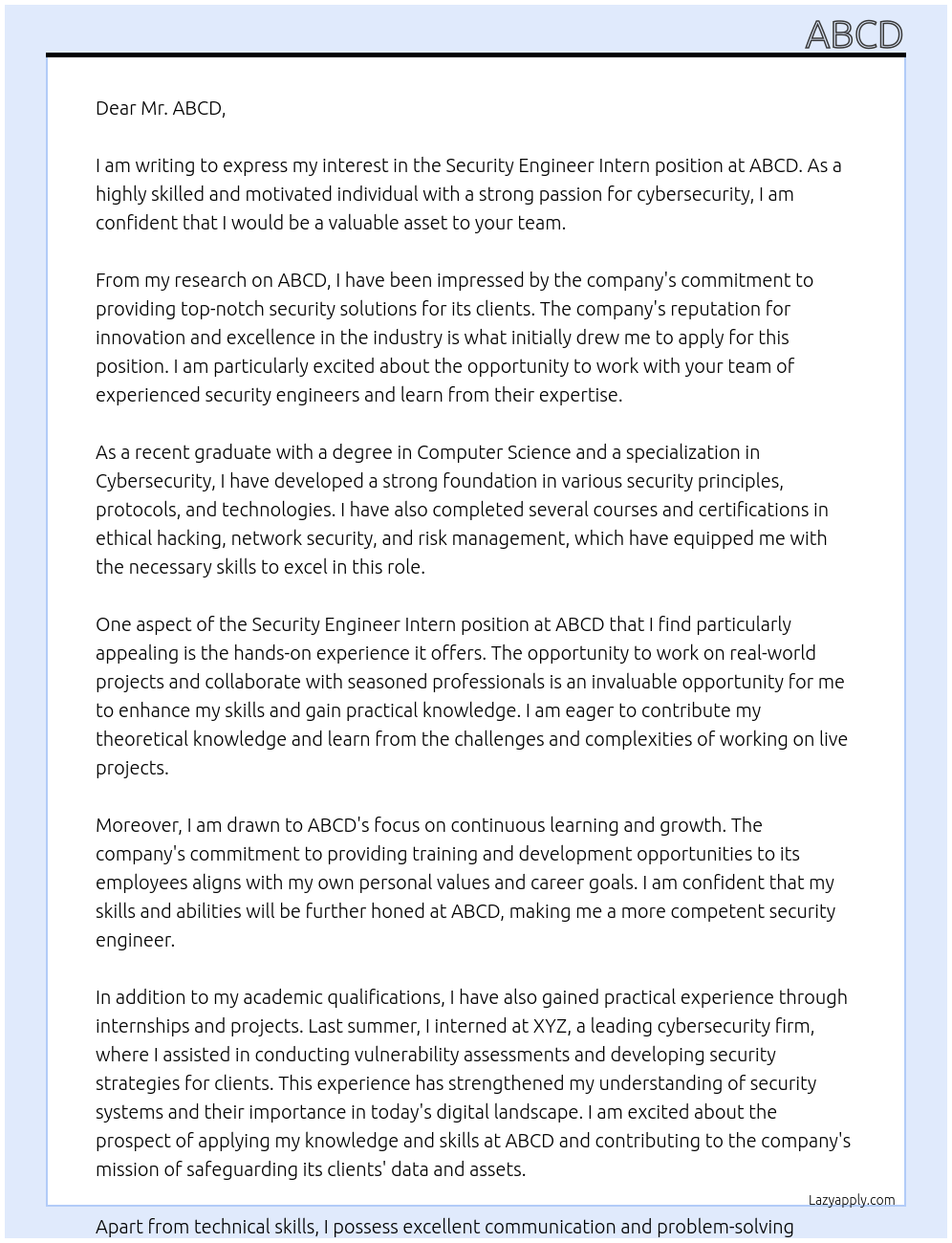 security engineer intern At abcd Cover Letter