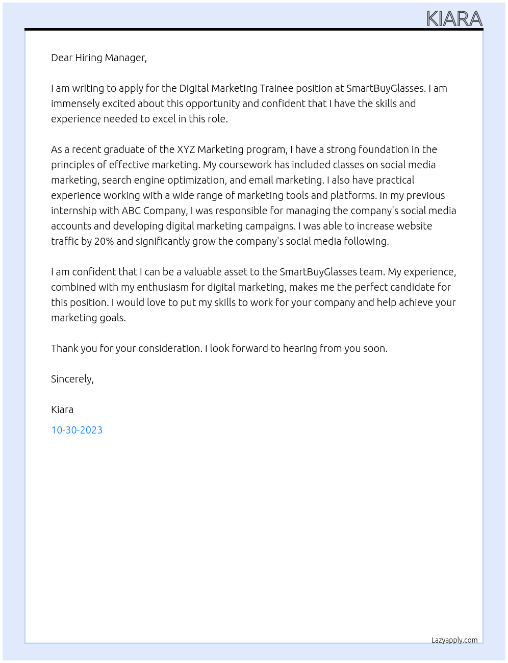 Digital Marketing Trainee At SmartBuyGlasses Cover Letter