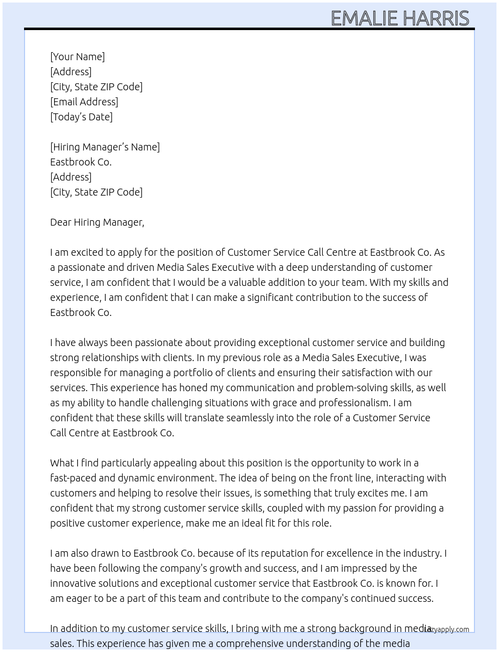 Cover letter for customer service call centre - LazyApply