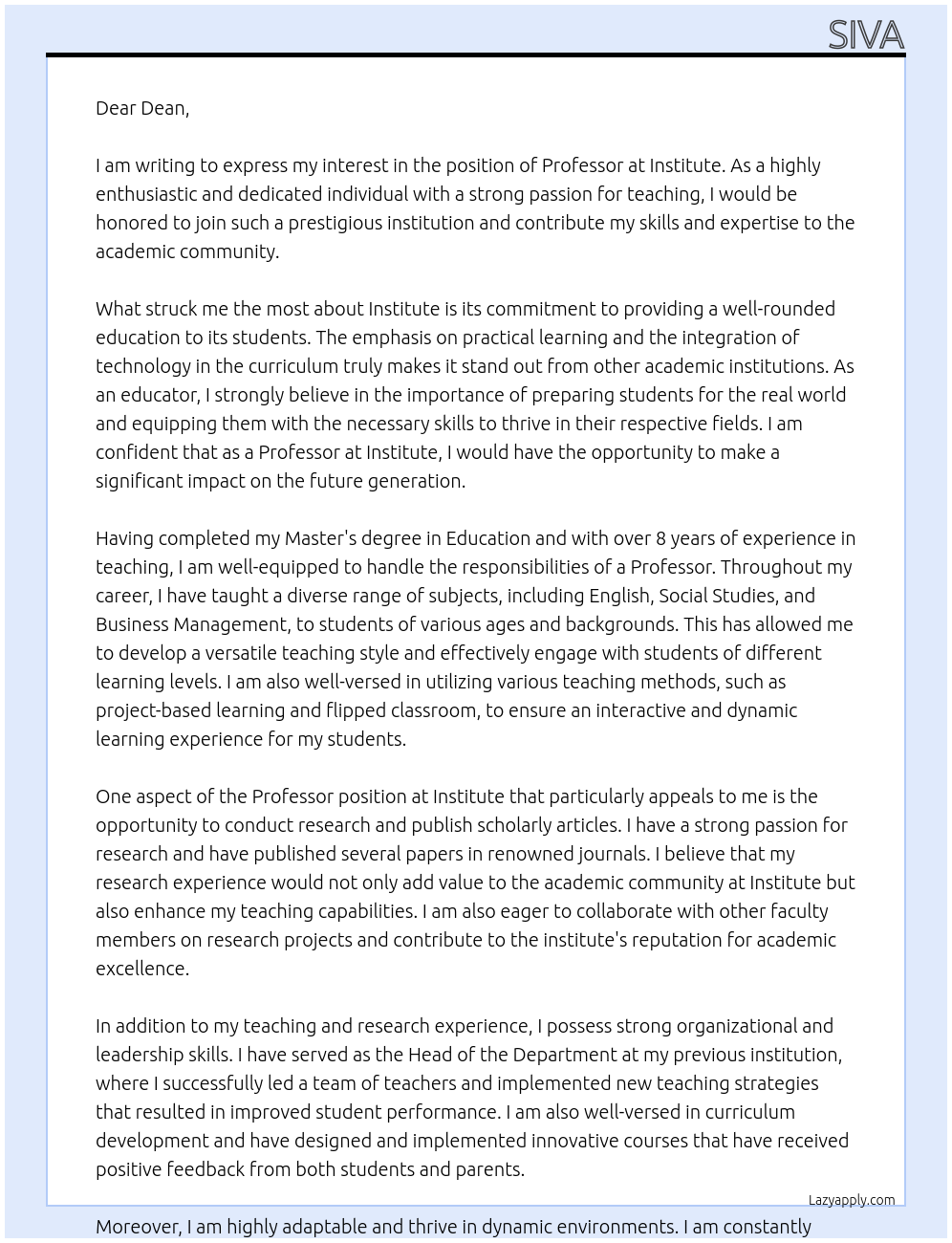 professor At institute Cover Letter