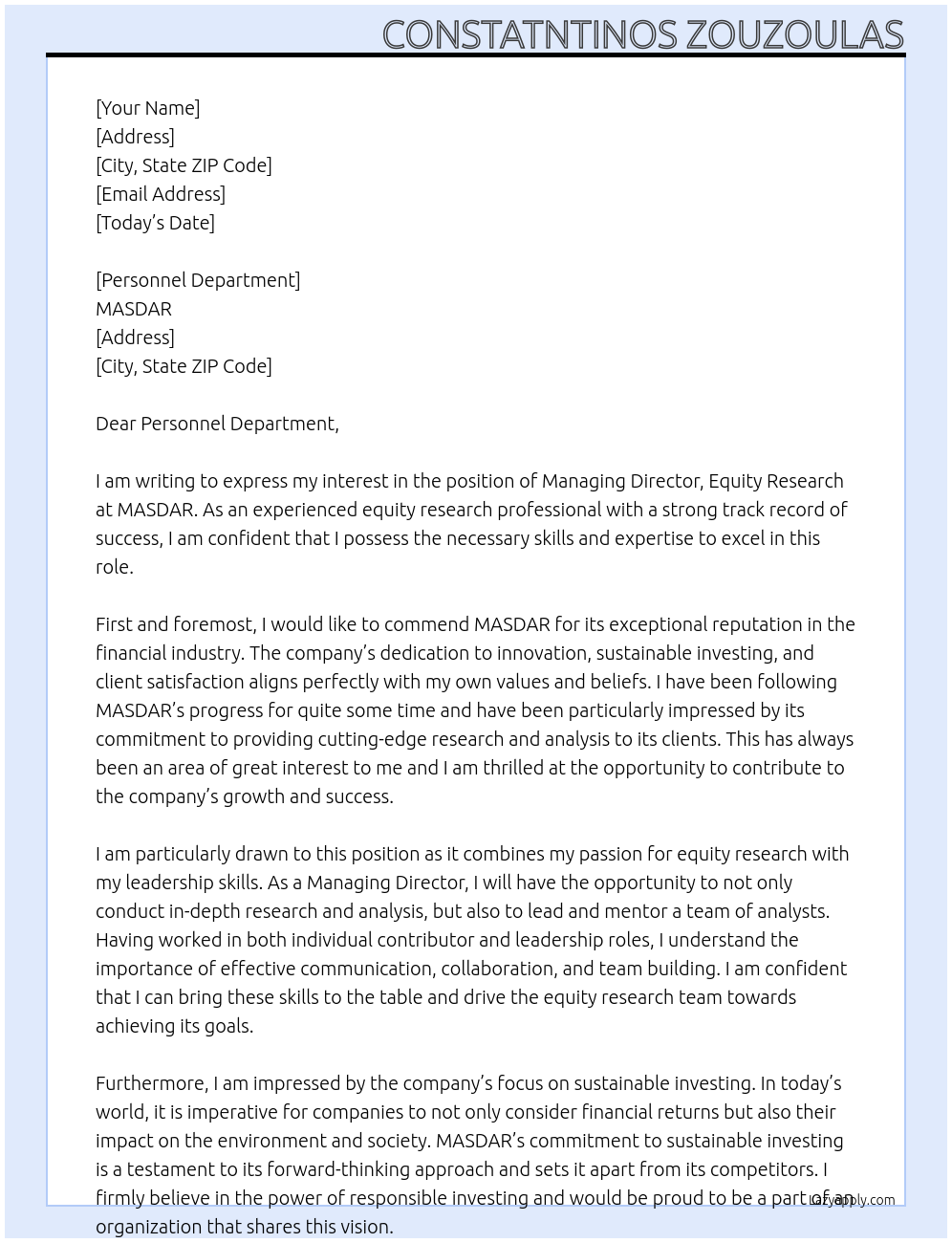 Managing Director, Equity Research At MASDAR Cover Letter