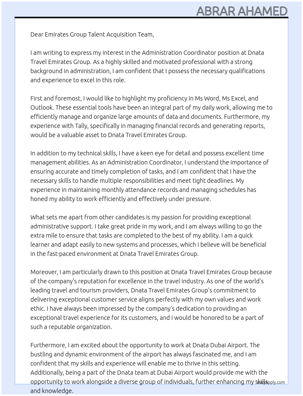 Administration Coordinator At Dnata Travel Emirates Group Cover Letter