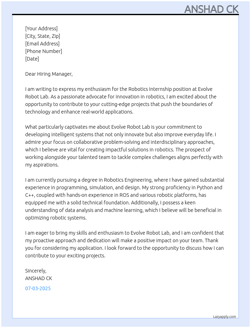 Robotics internship At EVOLVE ROBOT LAB Cover Letter