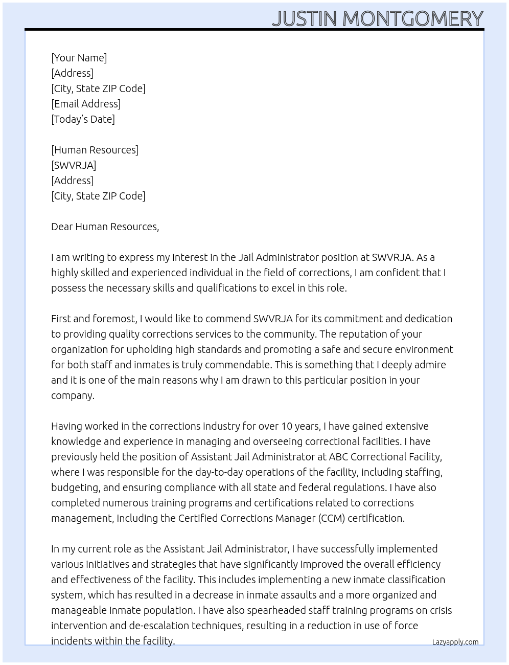 Cover letter for jail administrator - LazyApply