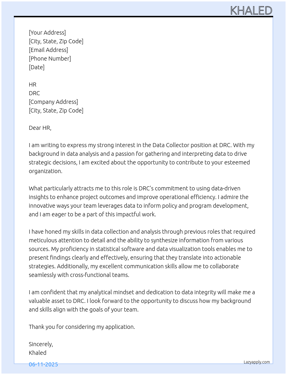 Data collector At DRC Cover Letter