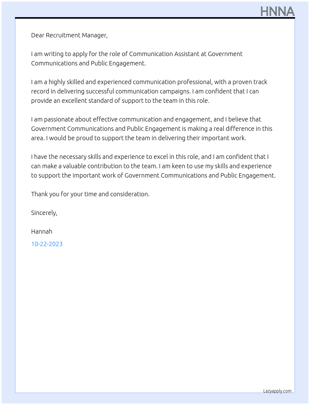 Communication assistant At Government communications and public engagement Cover Letter