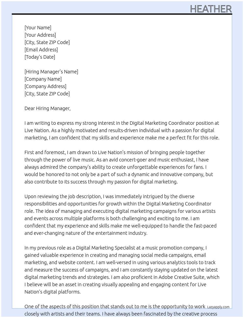 Digital Marketing Coordinator At Live Nation Cover Letter