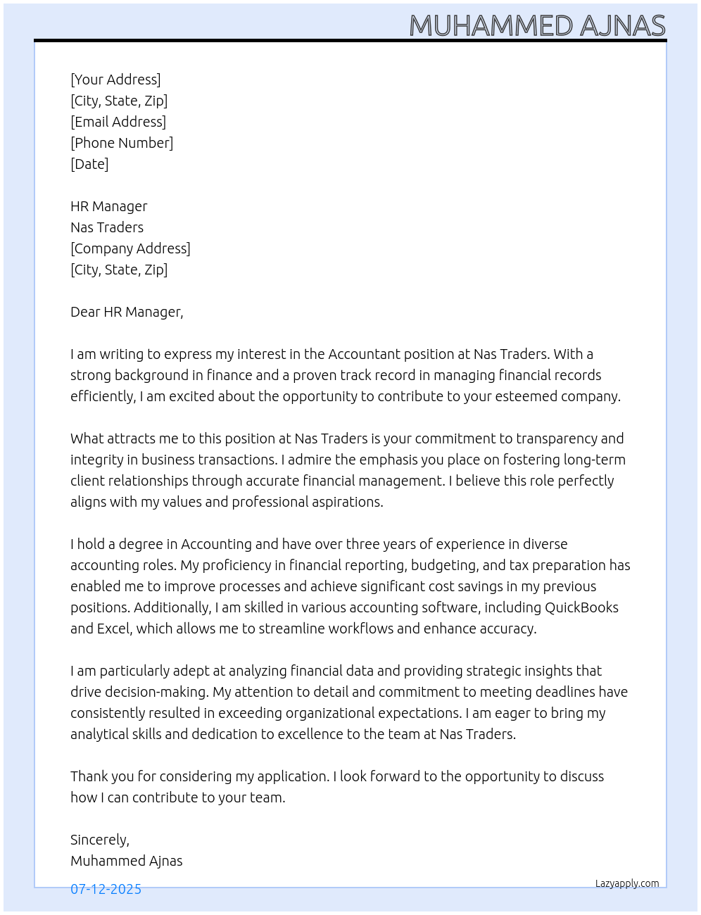 accountant  At Nas Traders Cover Letter