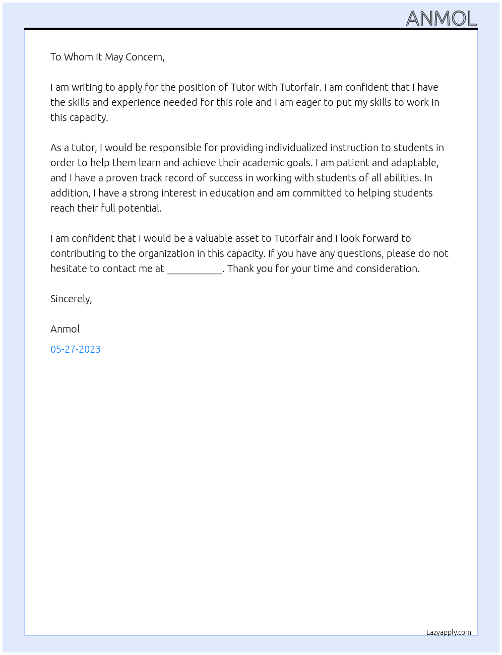 Tutor At Tutorfair Cover Letter