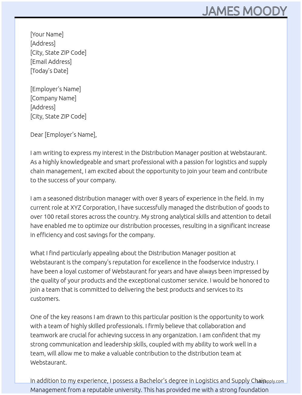 Distribution manager At Webstaurant Cover Letter