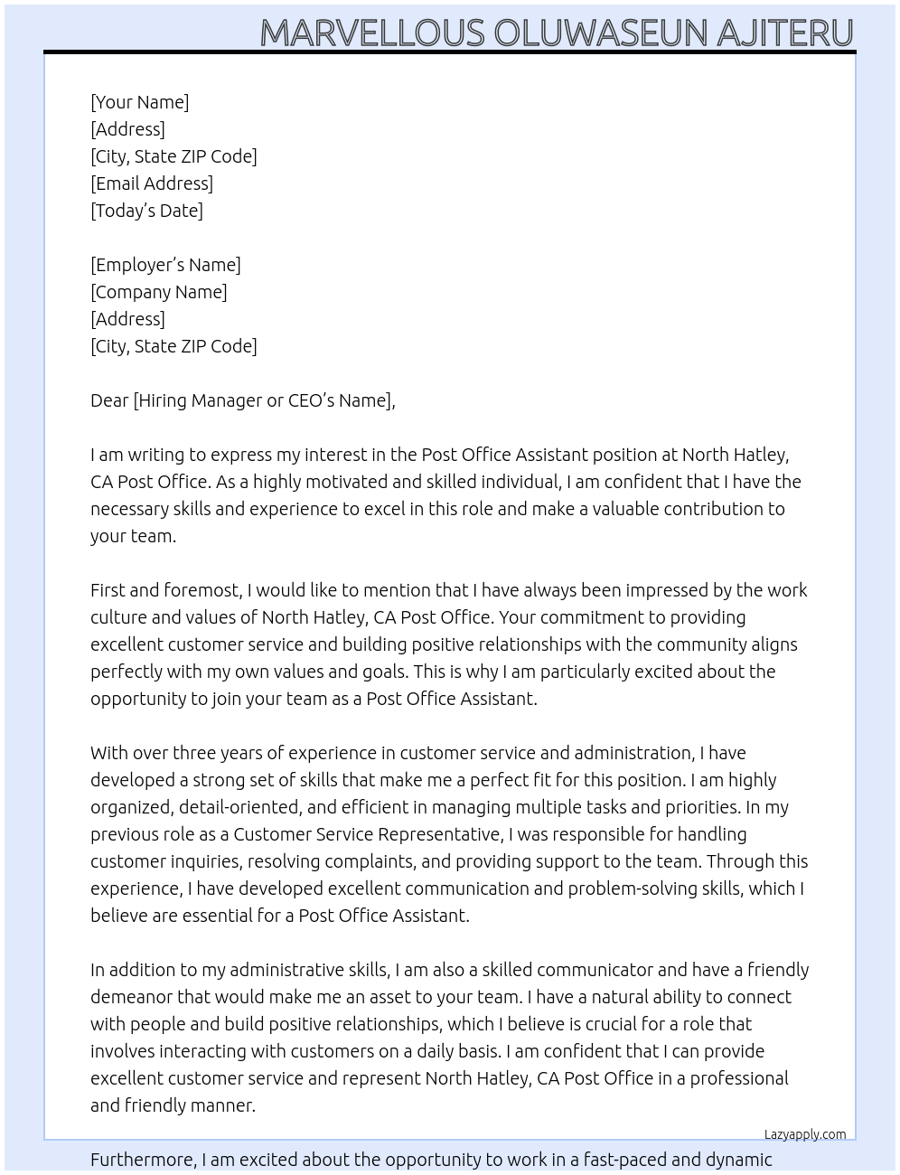 Cover letter for post office assistant - LazyApply