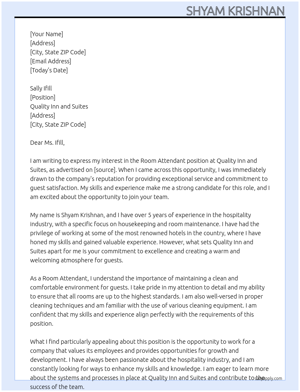 Room Attendant At Quality Inn and Suites Cover Letter