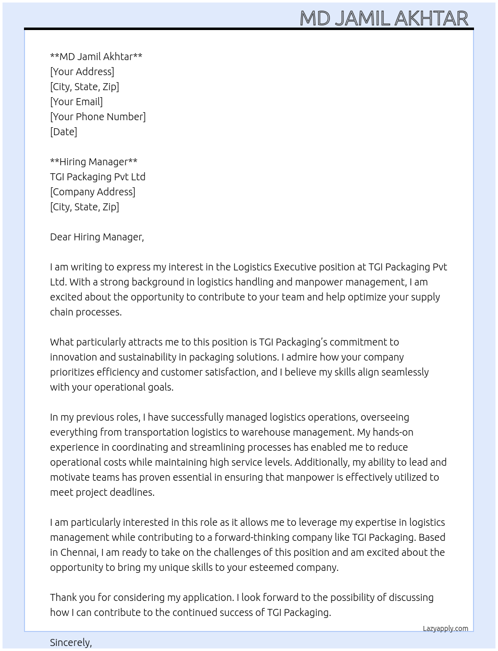 Cover letter for logistics executive - LazyApply