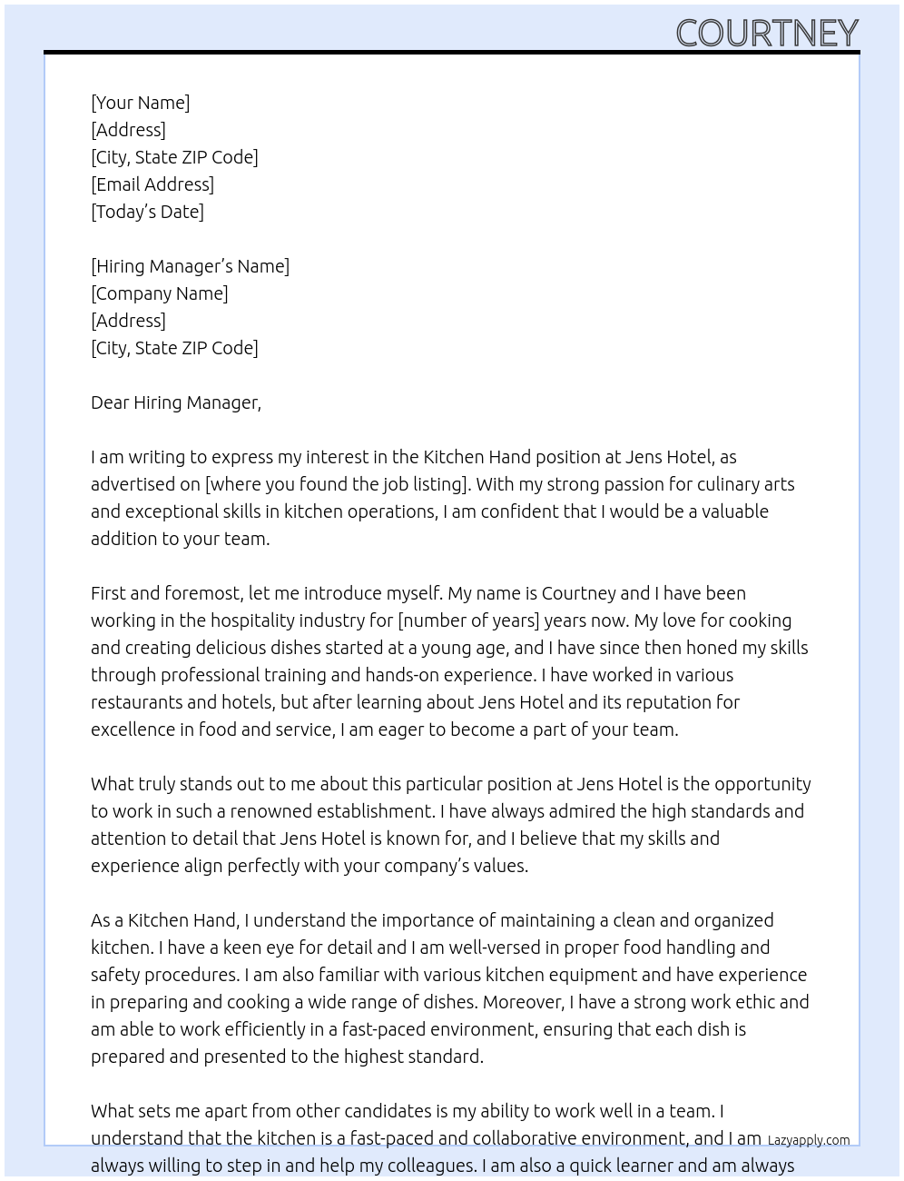 Kitchen Hand At Jens Hotel Cover Letter