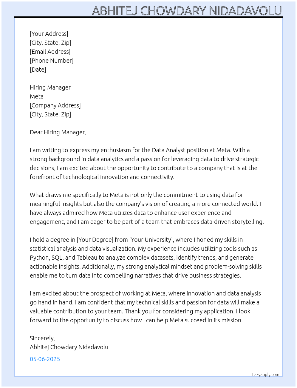 data analyst At meta Cover Letter