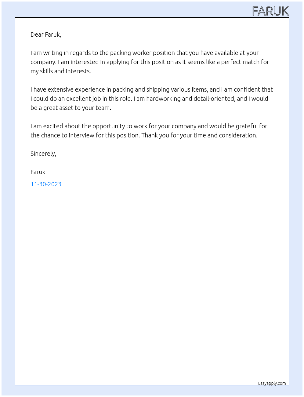 Packing worker At Faruk Cover Letter