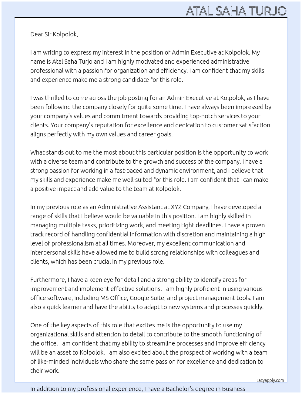 Admin Executive At Kolpolok Cover Letter