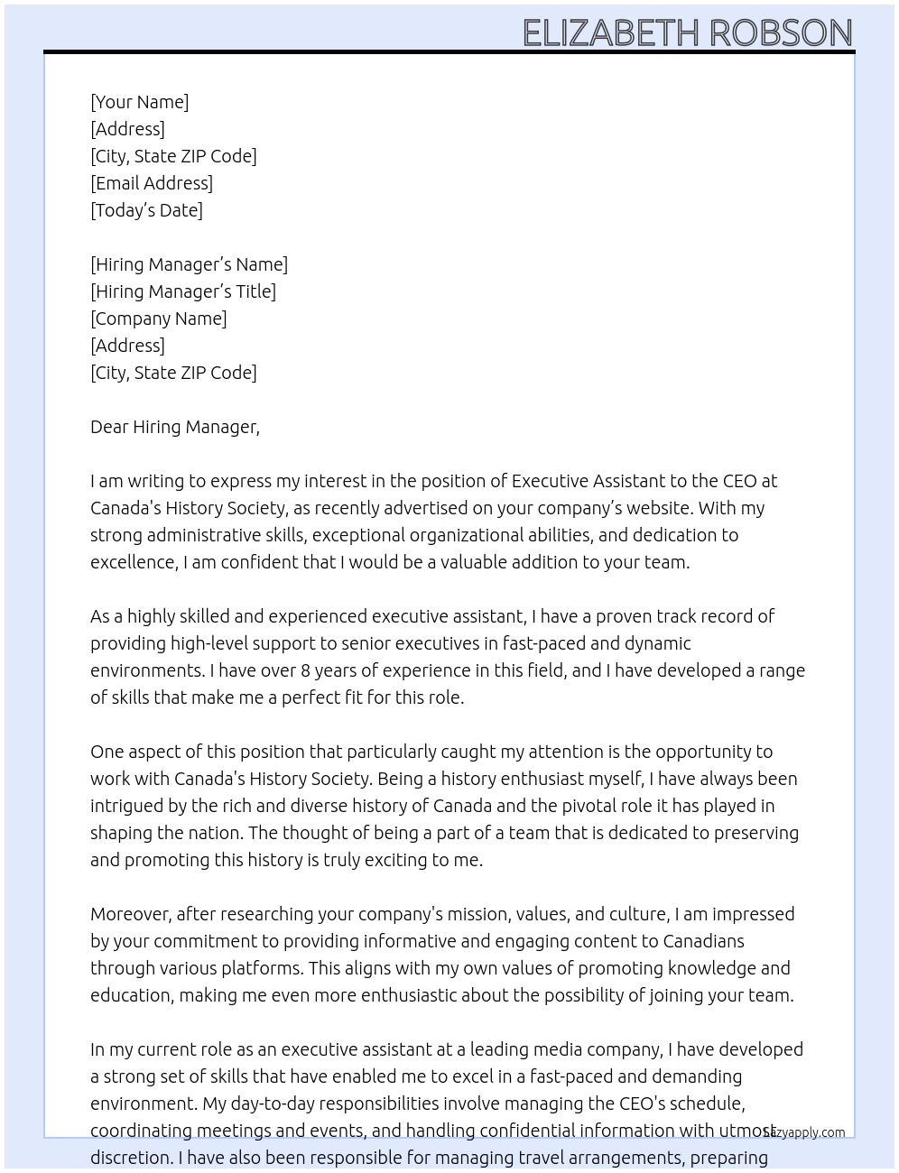 Executive Assistant to CEO At Canada's History Society  Cover Letter