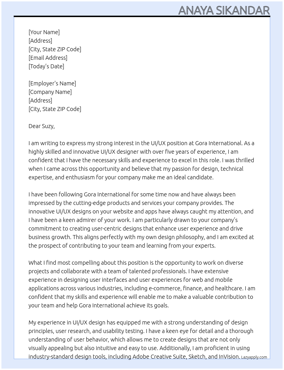 UI\UX At Gora intertional Cover Letter