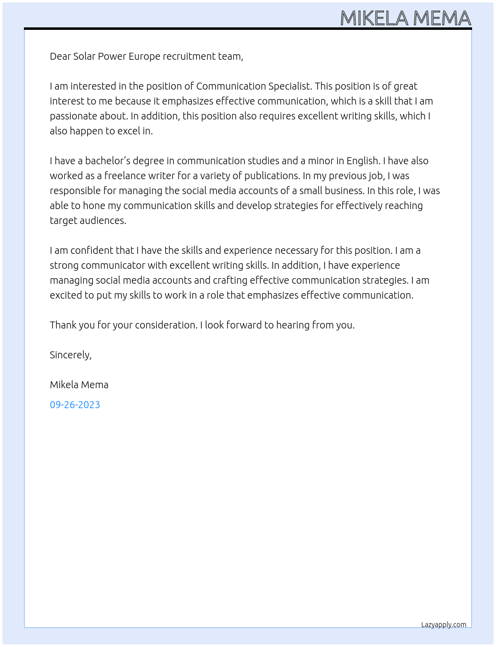 Communication Specialist At Solar Power Europe Cover Letter