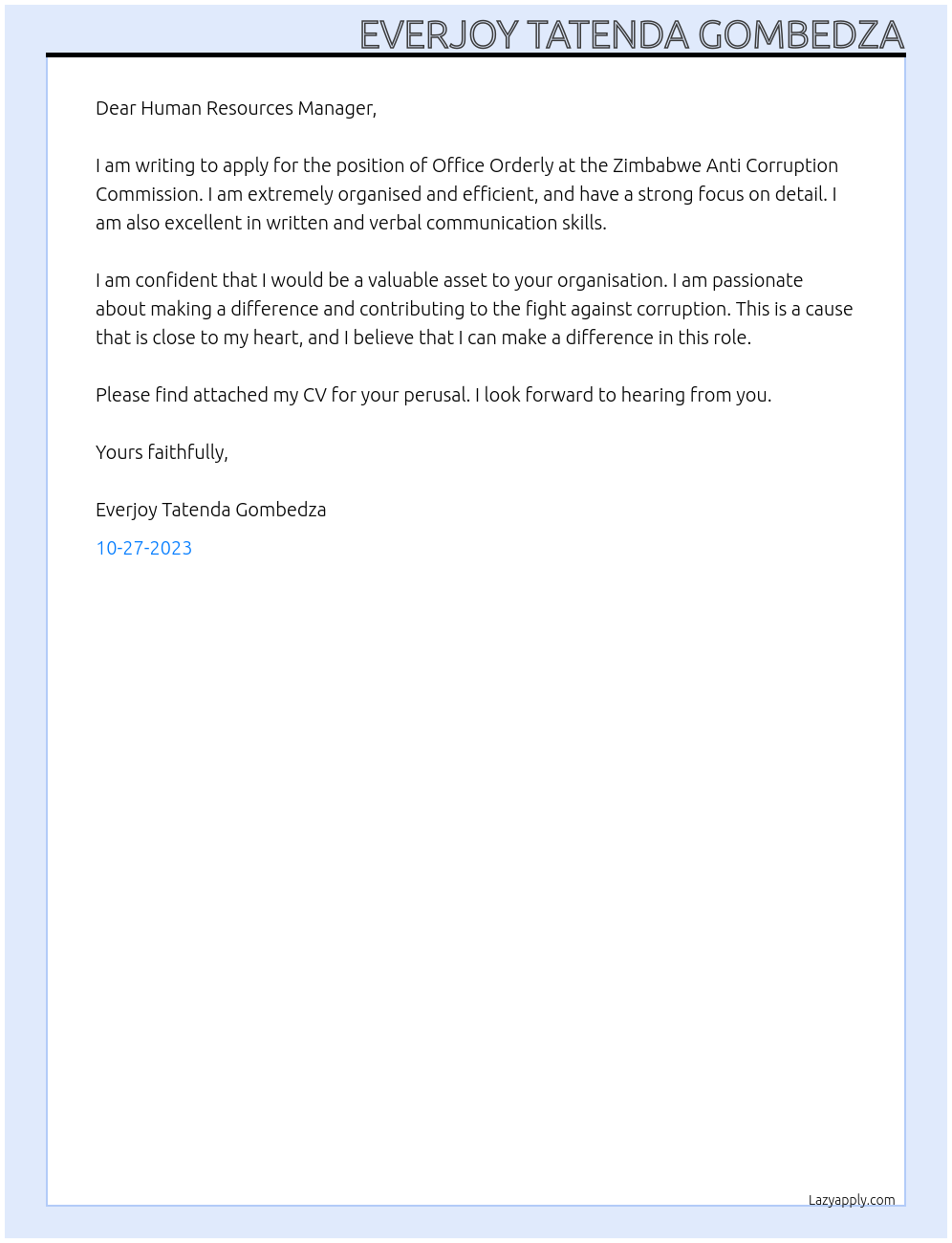 Office Orderly At Zimbabwe Anti Corruption Commission Cover Letter