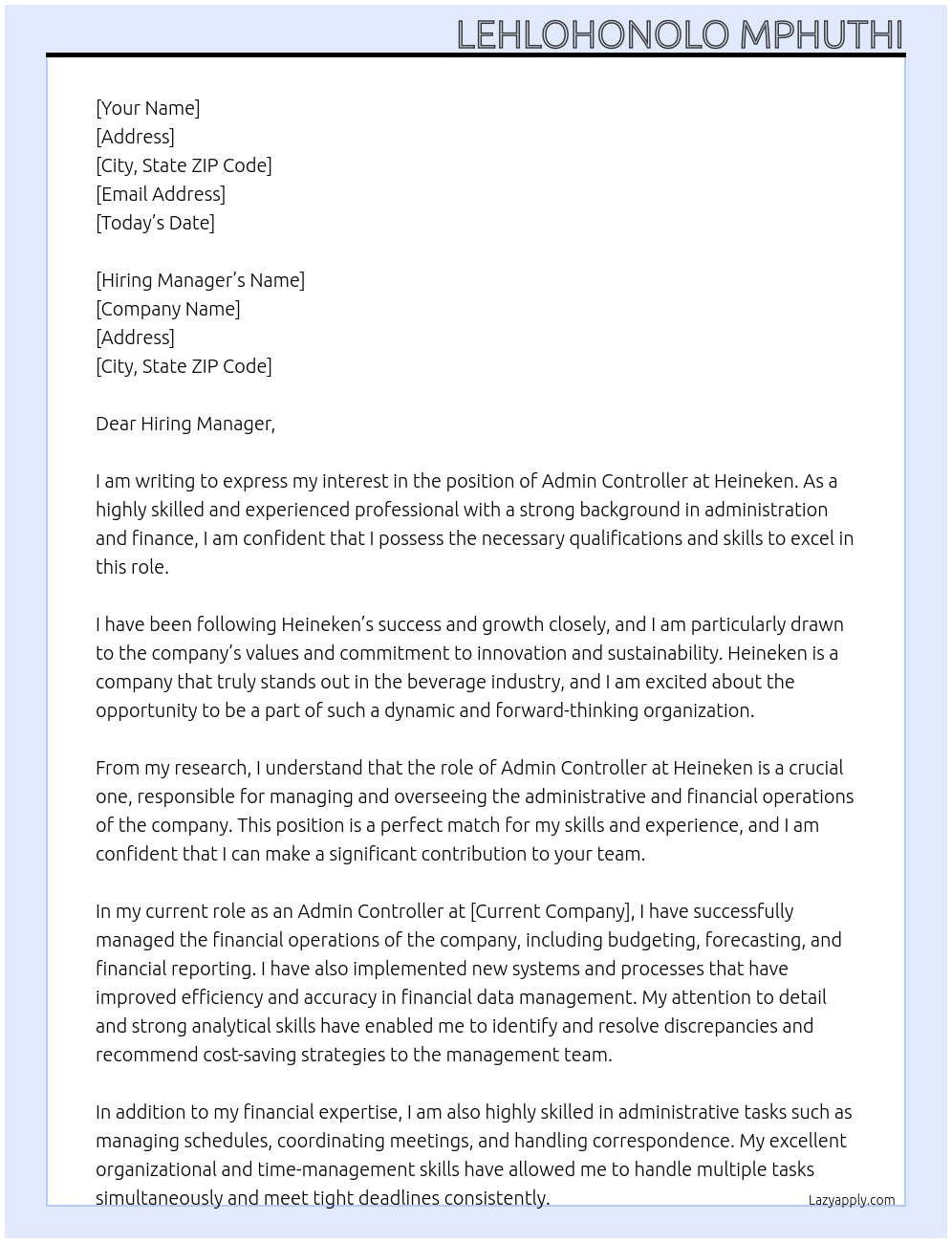Admin Controller  At Heineken  Cover Letter