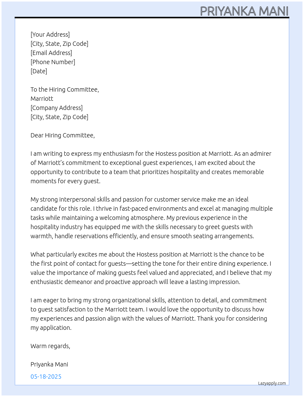 hostess At Marriott Cover Letter