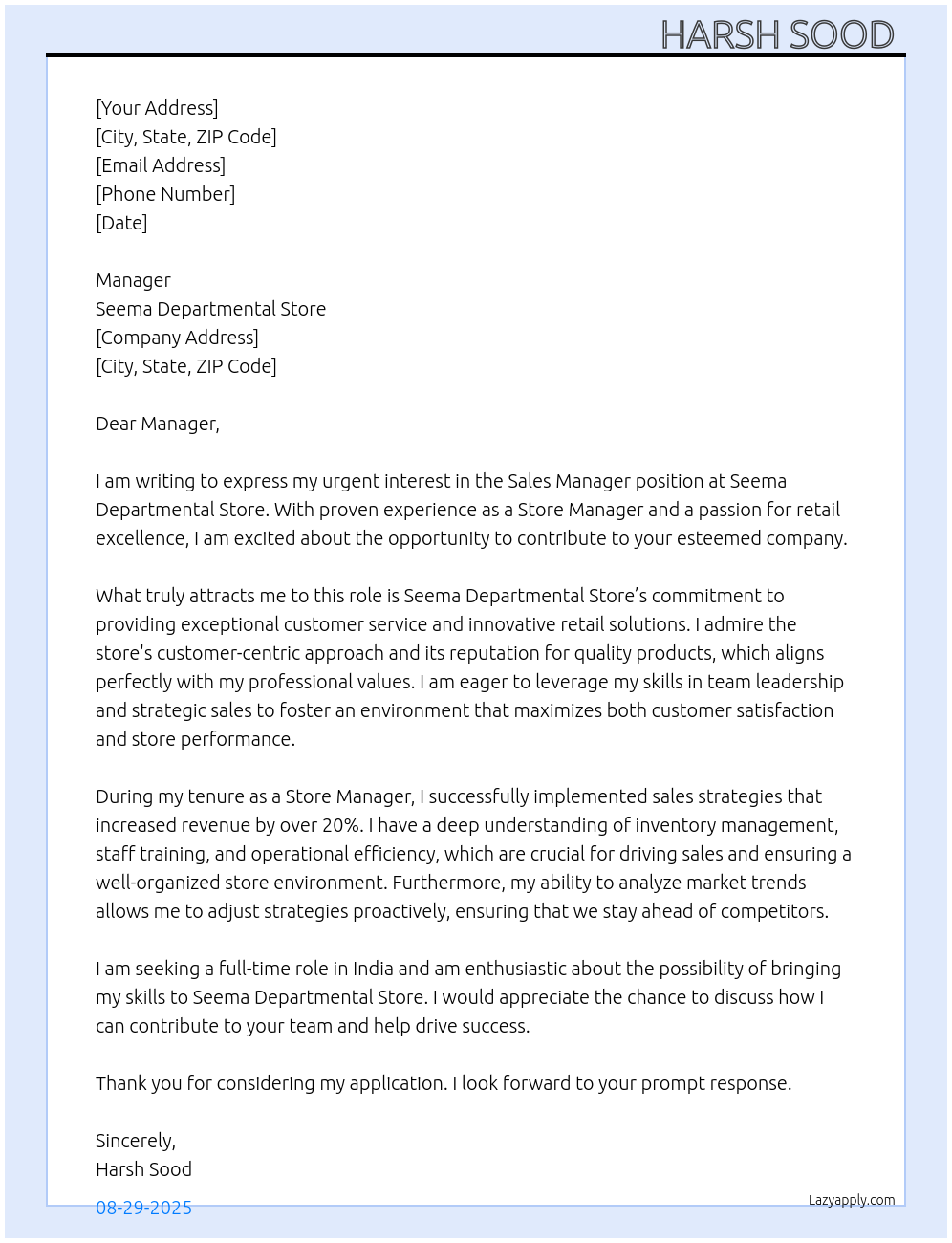 Sales manager At Seema departmental store Cover Letter