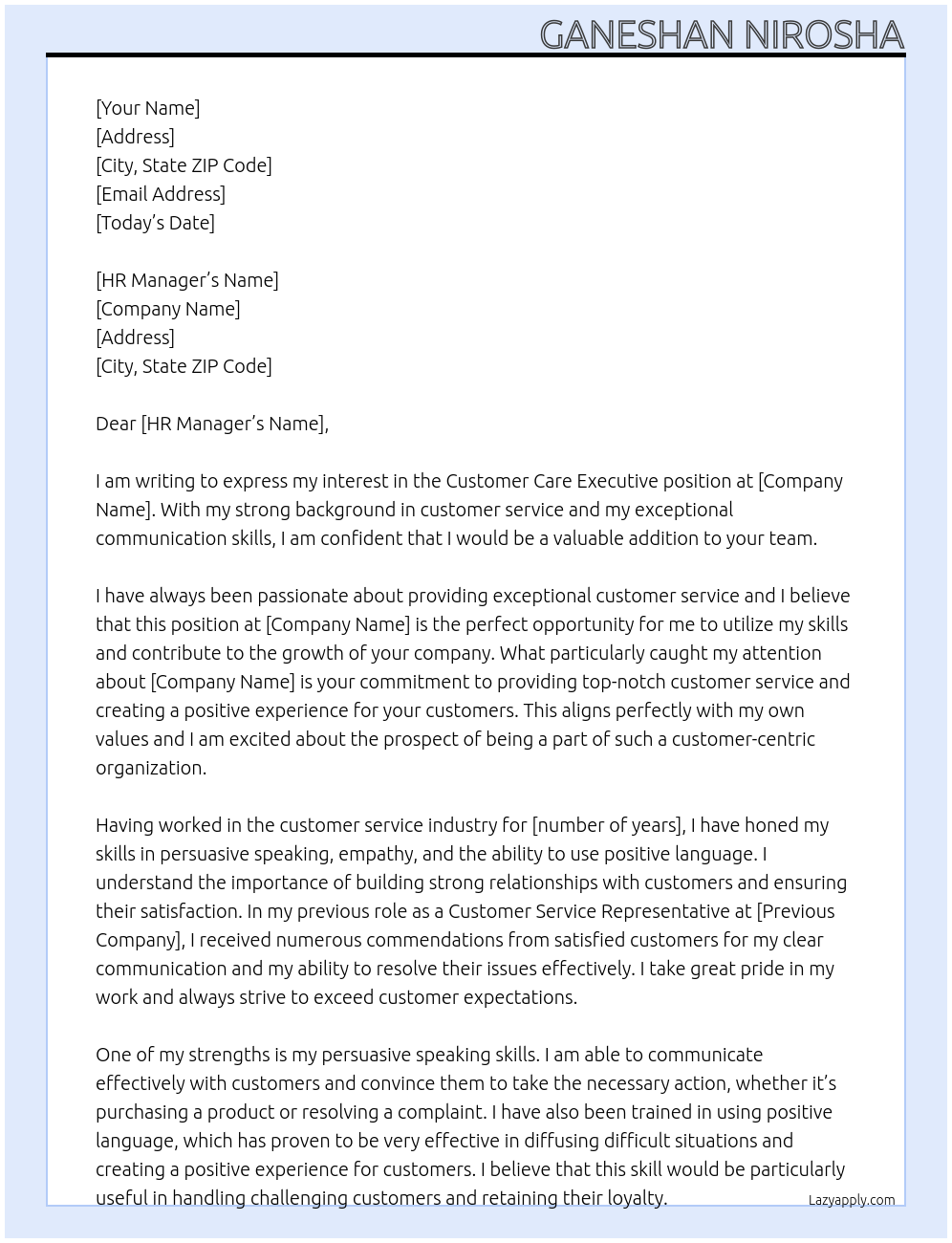 Customer Care Executive At Company Cover Letter