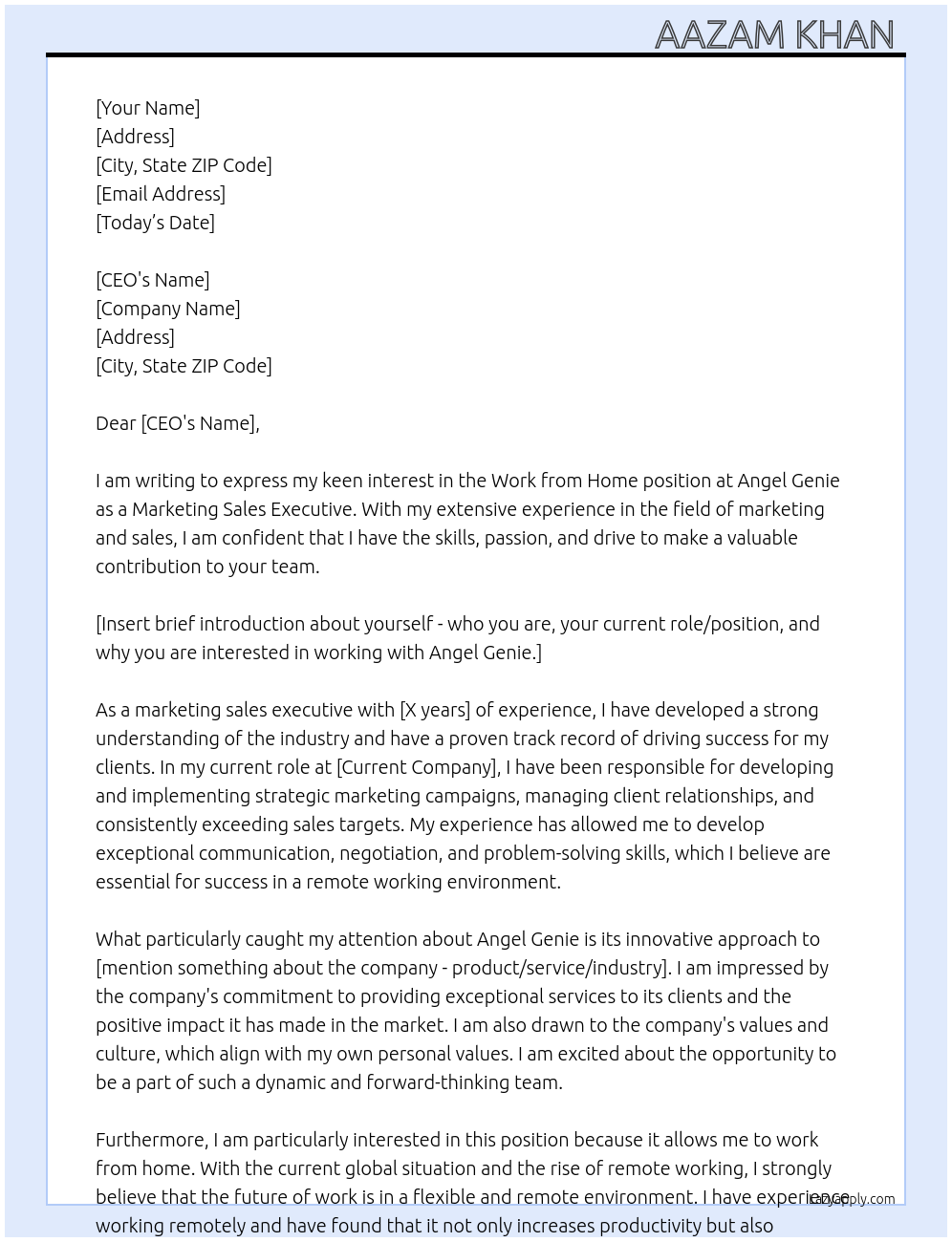 Work from home At Angel genie Cover Letter