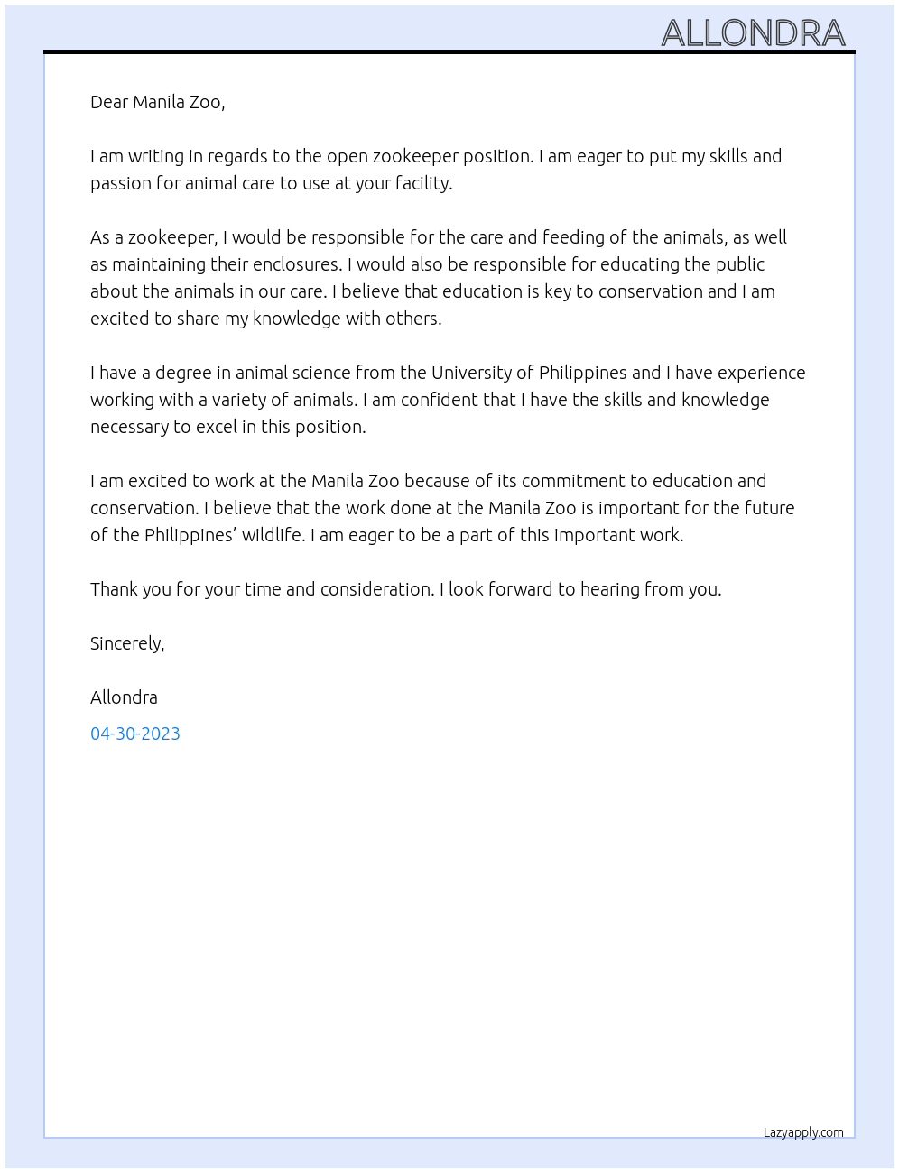 zookeeper At manila zoo Cover Letter